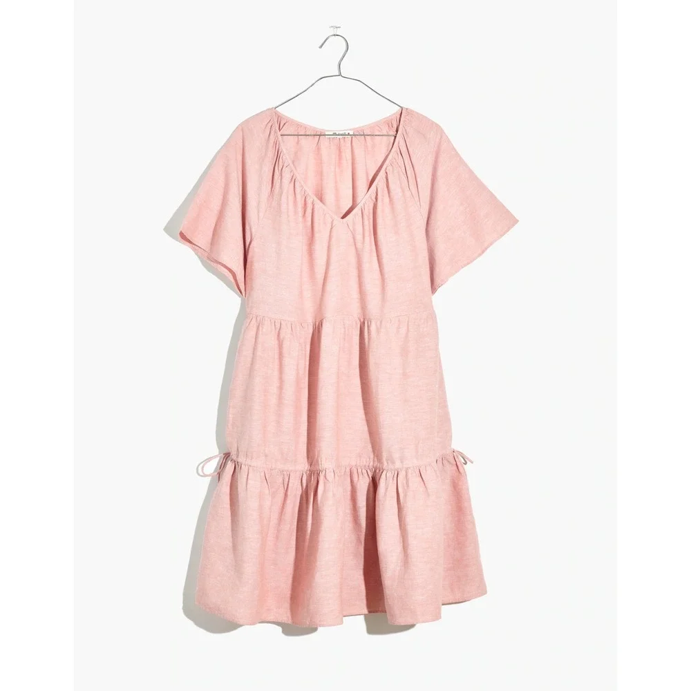 Madewell Linen Blend Lorelei Mini‎ Dress Size Small $98 Tiered Pink Pockets